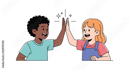 Two happy diverse children giving each other a high five celebrating success together