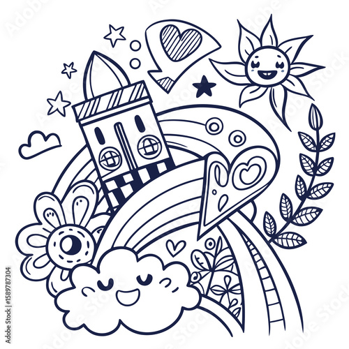A cute cartoon cat and mouse enjoying a fun summer day with colorful floral patterns and seamless art