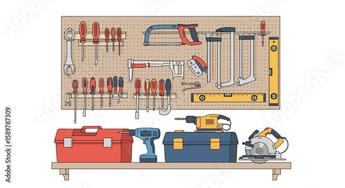Organized workshop tools and equipment displayed on pegboard and shelf for home improvement projects and diy tasks