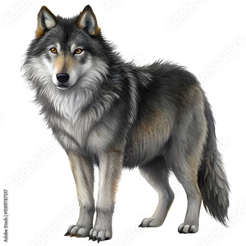 Majestic portrait of a gray wolf standing in a proud and authoritative pose on black background