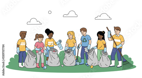 Volunteers gather to beautify local park cleaning up litter with trash bags and tools promoting environmental awareness and community engagement