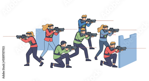 Exciting laser tag competition with players hiding behind walls and shooting targets