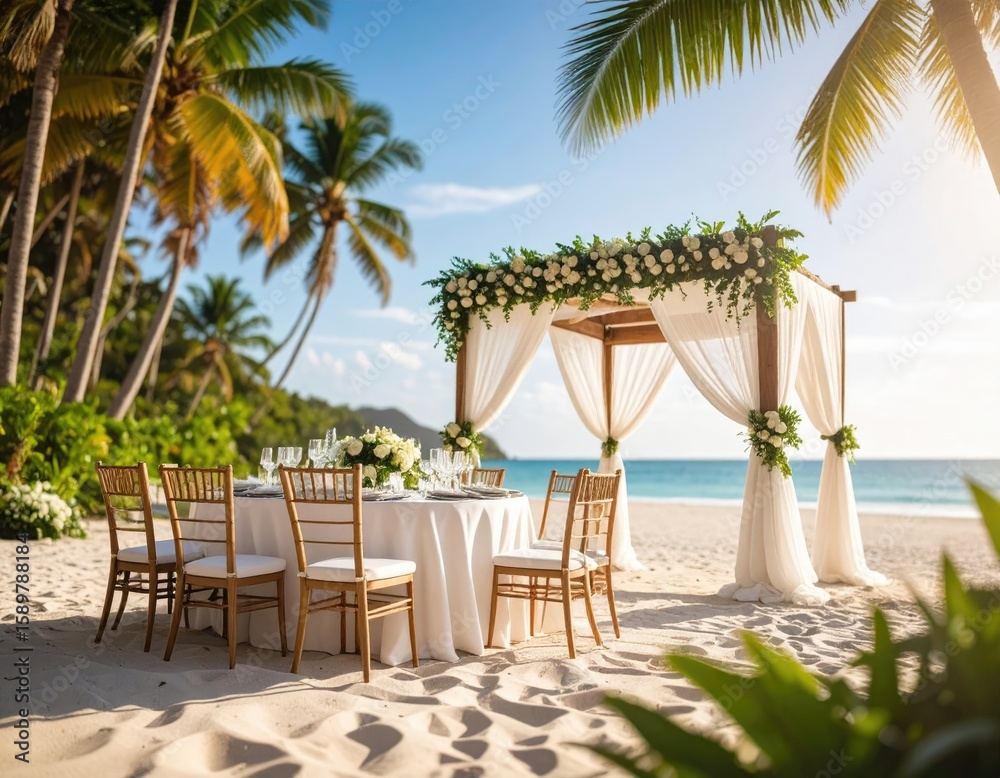 Fototapeta premium Beachside wedding reception setup under a lush canopy
