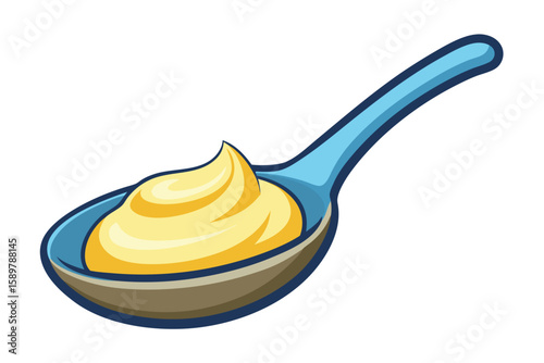Isolated wooden spoon with yellow honey, a common kitchen food utensil on a white background