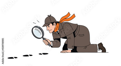 Observant detective investigator meticulously examining footprints using a magnifying glass tool