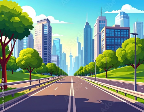 City street scene with towering buildings and lush greenery