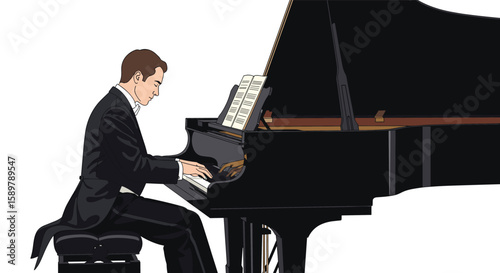 An accomplished pianist in a formal tuxedo plays a grand piano with skill and grace