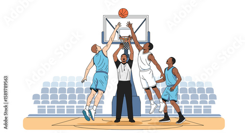Exciting basketball game underway with intense player action and referee oversight
