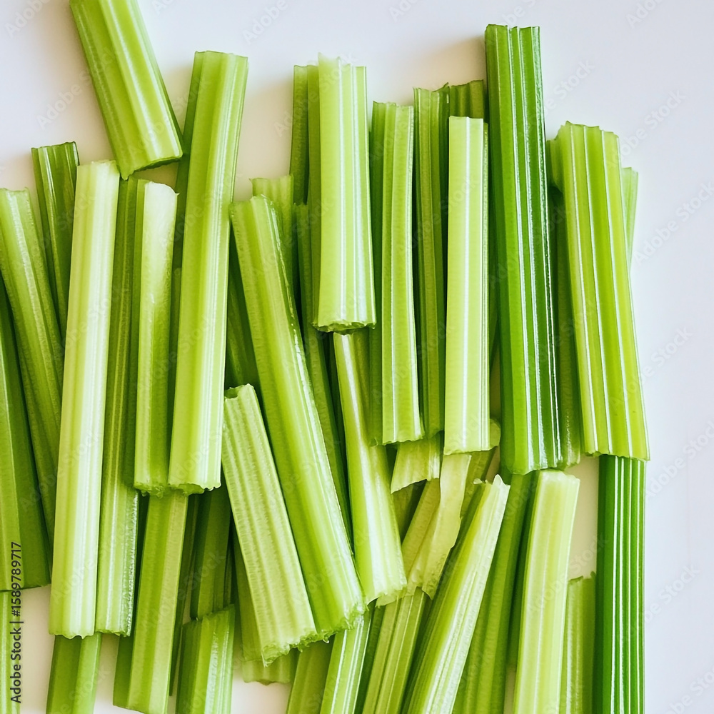 Fototapeta premium Fresh green celery stalks arranged on a white background vegetable