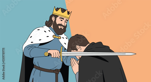 A royal knight kneels before a king receiving a sword of honor in a symbolic ceremony