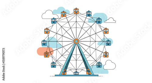 Whimsical ferris wheel ride offering panoramic city views under a bright blue sky