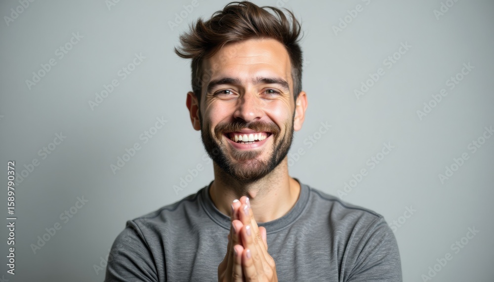 Fototapeta premium Young man smiling with hands together in front of grey background 