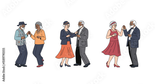 Elderly couples enjoy dancing together in social gathering celebration and party