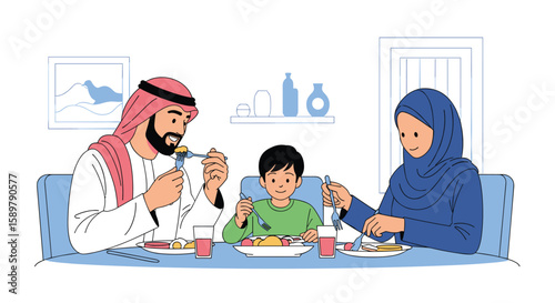 Middle eastern family enjoying a delicious meal together around a table indoors