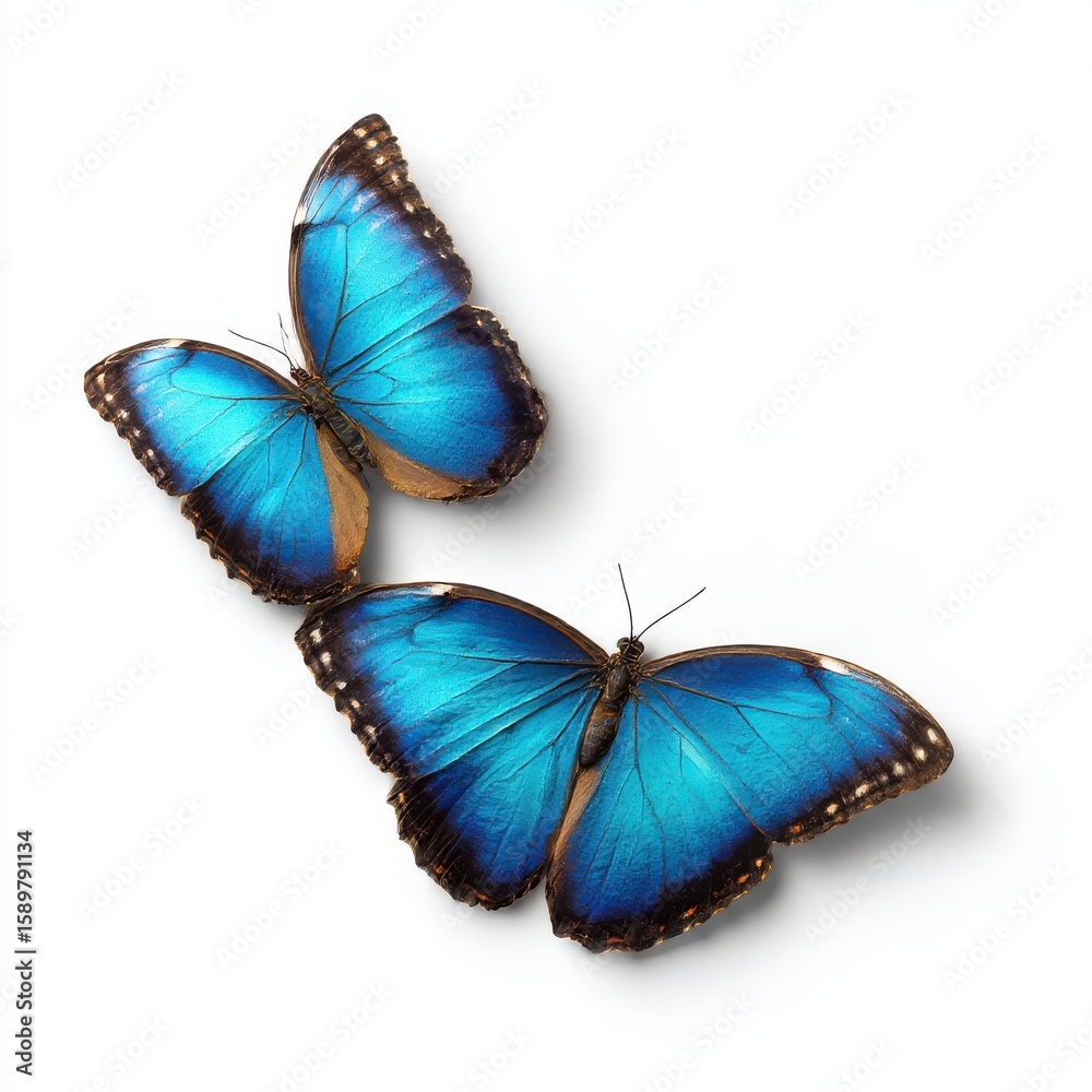 Fototapeta premium Two blue morpho butterflies flying isolated on white background