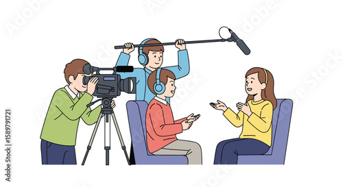 Young filmmakers capture engaging interview scene with professional audio equipment