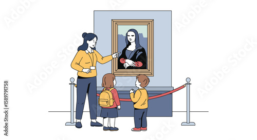 A family enjoys a museum visit learning about classic art masterpieces and appreciating cultural heritage together