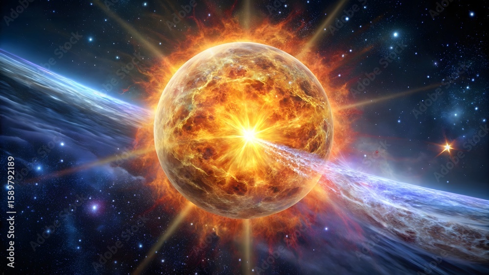 Obraz premium Photo of a brilliant, fiery star explodes with intense energy and light, emitting powerful solar flares and streams of plasma into the surrounding cosmic nebula