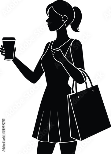 Fashionable woman silhouette holding coffee cup and shopping bag outside
