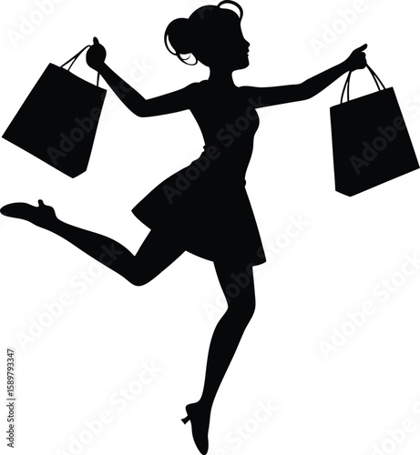 Happy woman silhouette shopping and skipping with bags in flat style