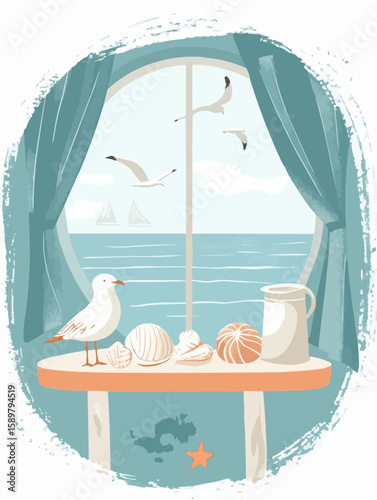 A round window with sea view and soft curtains, seashells and vase on the windowsill, perfect for wall art, nursery posters and summer interior decor
