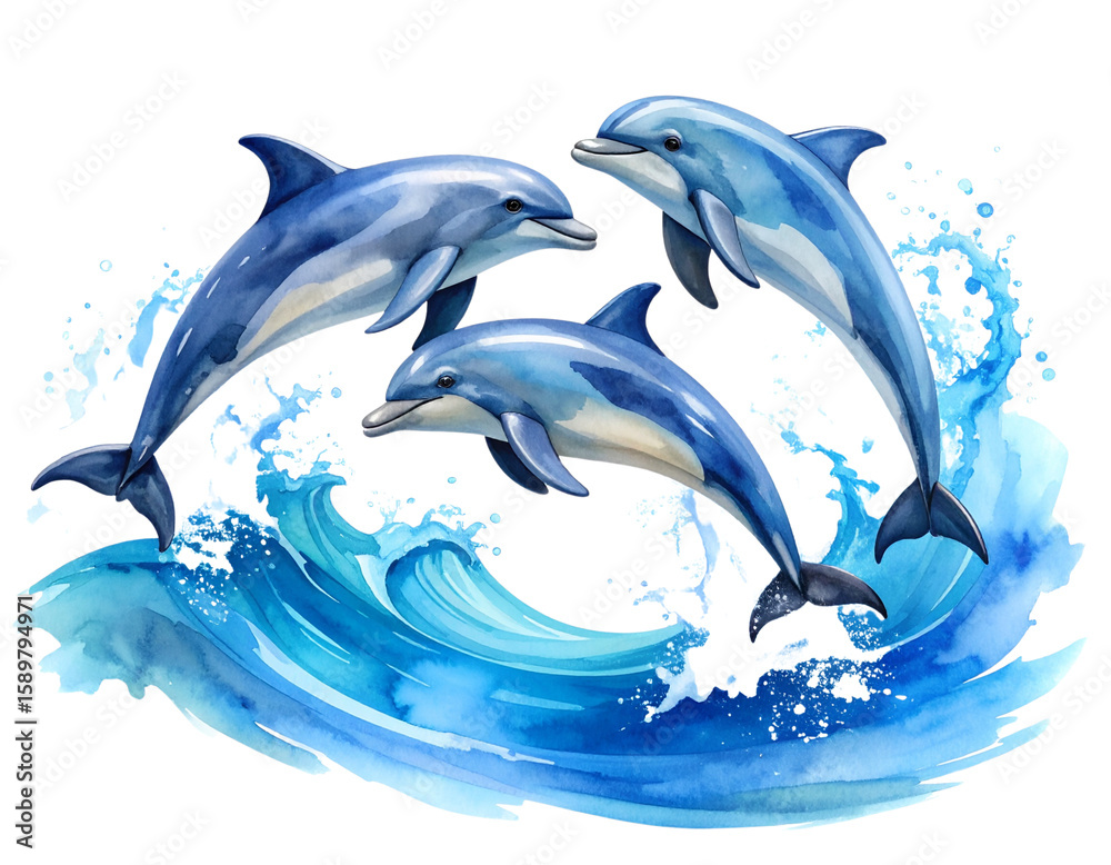 Fototapeta premium Playful Dolphins in Watercolor Splash Style Ocean Waves, Transparent Background
