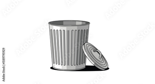 An illustration of a metal waste receptacle with its lid resting beside it on a white background