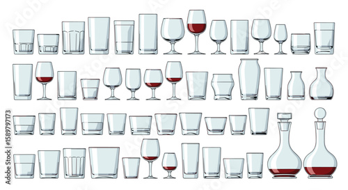 Comprehensive collection of clear glassware for drinks and beverages