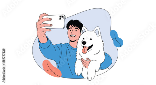 Young man taking a selfie with his happy fluffy white dog outdoors during a sunny day enjoying each other's company