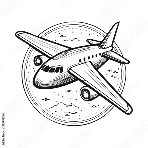 Airplane in Flight Black and White Illustration with Stars, Clouds and a Circular Frame