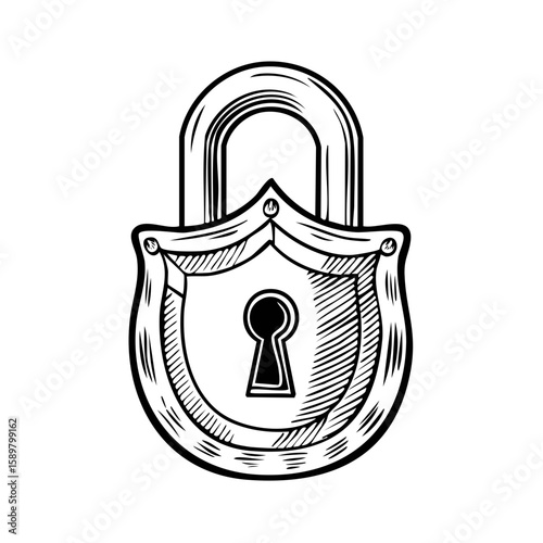 Detailed Line Drawing of Padlock with Keyhole, Security and Protection Concept
