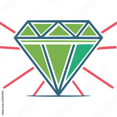 Stylized Diamond Gemstone Illustration with Light Rays in Green and Blue