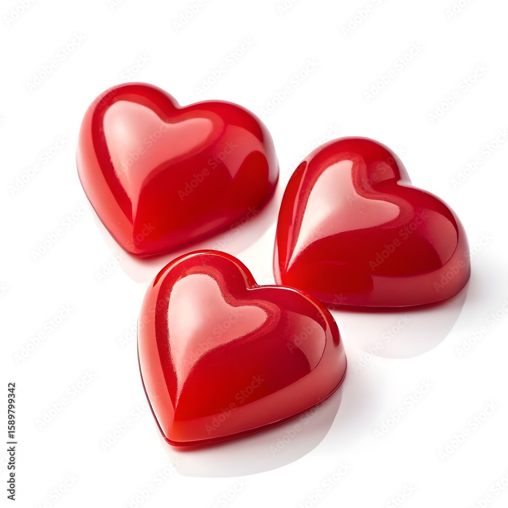 Fototapeta premium Three shiny red hearts arranged on a white background isolated on white background