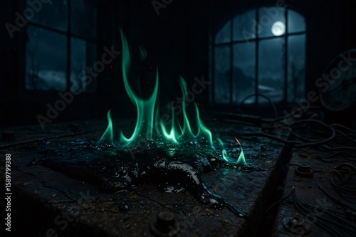 Turquoise flame burning on a mysterious substance in abandoned industrial building at night