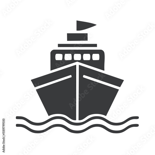 Silhouette of a Ship sailing on water, waves. Nautical transport and travel vector icon.