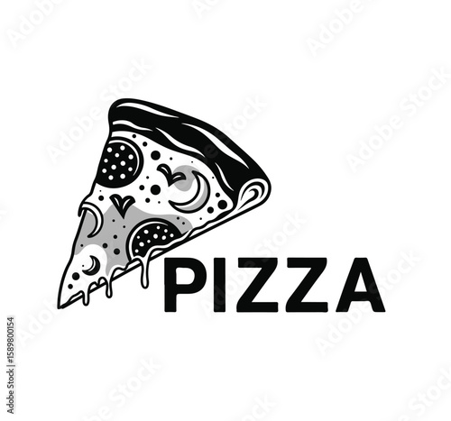 Stylish Black and White Pizza Slice Graphic with PIZZA Text. Vector Design Illustration