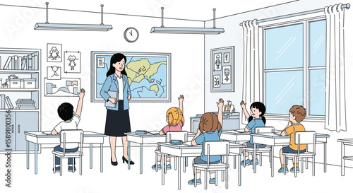 Teacher engaging elementary students in a lively classroom discussion about geography