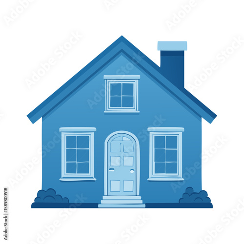 Simple Blue House with Windows and Chimney Illustration Graphic Style