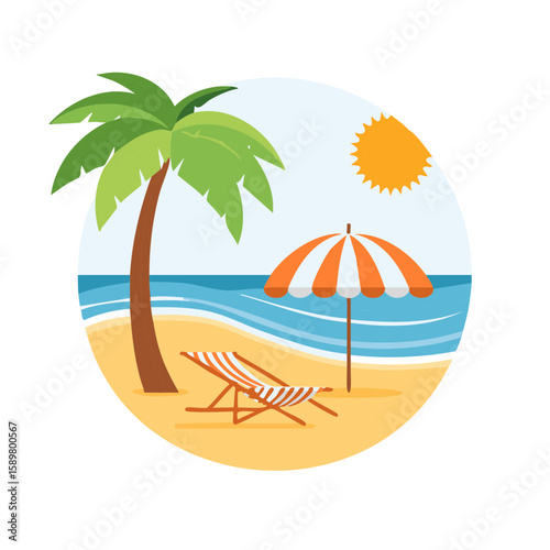 Tropical Beach Getaway with Palm Tree, Sun, Lounge Chair and Beach Umbrella