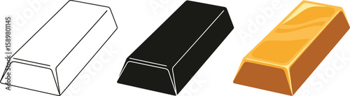 Three gold bars are presented in different styles, including a line drawing, a solid black silhouette, and a shiny golden version, showcasing wealth and investment concepts.