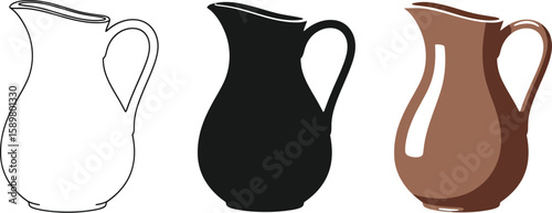 Three stylized pitchers showcase a line art version, a solid black silhouette, and a brown shaded design, perfect for illustrating drinkware or kitchenware in a modern graphic style.