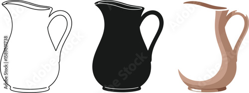 Three stylized pitcher illustrations showcase variations in design, including a line drawing, a solid black silhouette, and a colored version, ideal for graphic design projects.