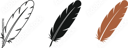 Three feather illustrations showcase a delicate plume in line art, solid black, and brown tones, perfect for designs needing a touch of nature, elegance, or a minimalist aesthetic.