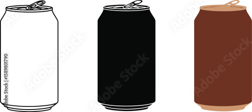 Three stylized soda cans are displayed in a row, showcasing a line art version, a solid black silhouette, and a brown colored can, perfect for illustrating beverage concepts.