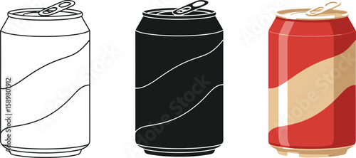 Three soda cans are displayed in different styles, including a line drawing, a solid black silhouette, and a colorful cartoon version, perfect for illustrating beverage concepts.