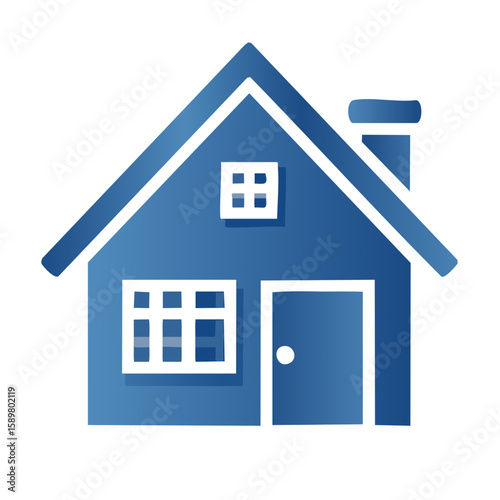Stylized Blue House with White Trim and Chimney Icon for Real Estate or Home Improvement Services