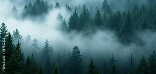 Fototapeta Naklejka Na Ścianę i Meble -  Enigmatic, dark green pine forest shrouded in mystical fog,  still,  calm
