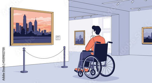 Person in wheelchair appreciates cityscape painting in art gallery setting