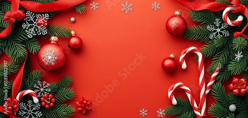 Festive red and green banner with ornaments, pine, snowflakes, and candy canes,  photography,  merry christmas