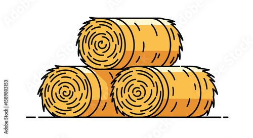 Stacked round bales of dry grass in rural farm scene outdoor agricultural landscape